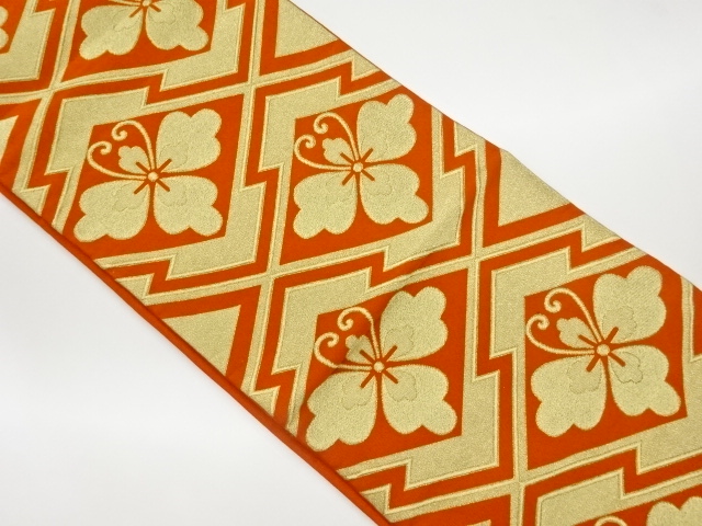 リサイクル　松皮菱に抽象蝶・花菱模様織出し袋帯